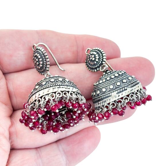Vintage Silver Tone Red Glass Bead Indian Jhumka Earrings - Picture 1 of 7